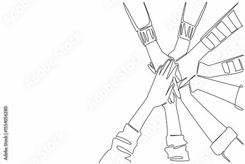 Continuous one line drawing 4 pairs with various sleeve models stacked on top of each other. Achieving results together. Great teamwork. Join Hands Day. Single line draw design vector illustration
