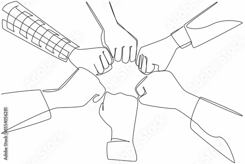Single one line drawing 6 hands with different sleeve styles, clenching their fists together. Reaching consensus. Uniting spirit. Teamwork. Join Hands Day. Continuous line design graphic illustration