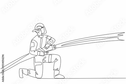 Single continuous line drawing firefighter squats while holding a fire hose that sprays water. Look more closely at the heat source. International Firefighters Day. One line design vector illustration
