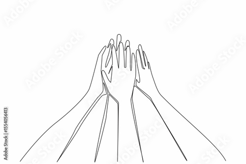 Single one line drawing 6 hands with open palms, raised and tossed together. Setting a common mission. Achieving success together. Trusty. Join Hands Day. Continuous line design graphic illustration