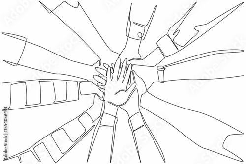 Single continuous line drawing 5 pairs of hands with various sleeve models stacked on top of each other. Collaboration between divisions. Colleague. Join Hands Day. One line design vector illustration