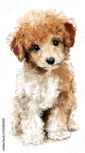 Watercolor illustration of a lightbrown poodle puppy sitting upright