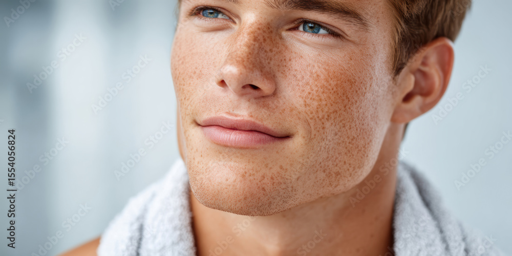 Obraz premium Close-up portrait of a young man with freckles, blue eyes, and a slight smile, wearing a white towel around his neck.