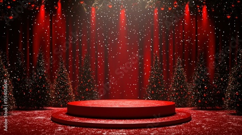 Red Christmas stage with snow