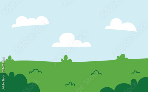 Green Field With Bushes Under A Blue Sky With White Clouds.