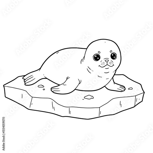 A cute seal with large round eyes and small flippers lies on an irregular ice floe dotted with rocks.