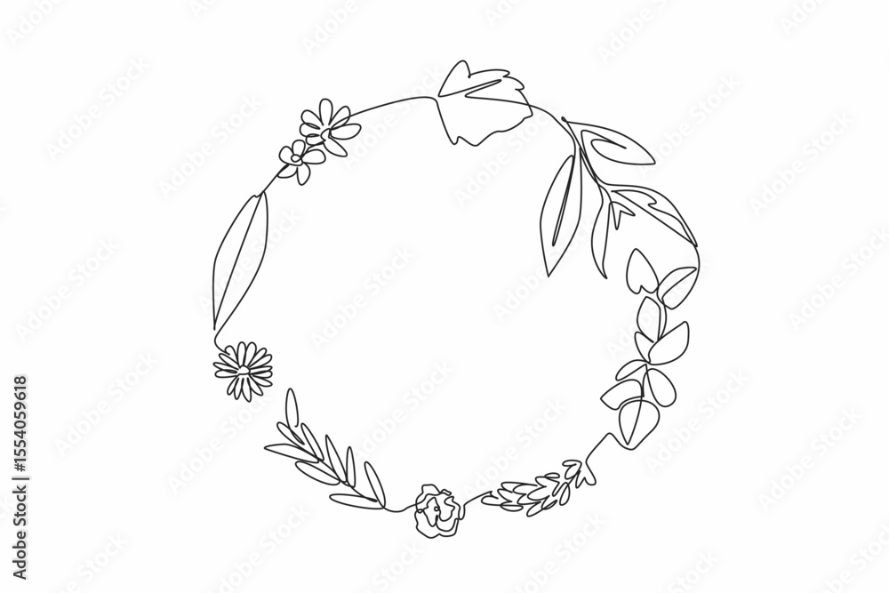 Fototapeta premium Continuous one line drawing some leaves and flowers in circle. Herbal medicine for health. Contains no chemicals. Fresher and healthier. National Herb Day. Single line draw design vector illustration