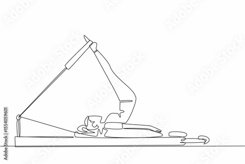 Single continuous line drawing woman posing on fitness equipment. Exercise to maintain body. Make it always healthy. Training. Adult women activities. Pilates Day. One line design vector illustration