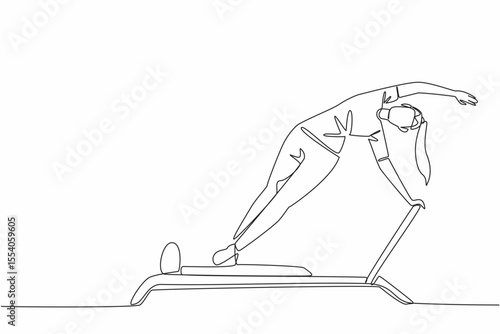 Continuous one line drawing woman posing on fitness equipment. Balance movement. Training leg and thigh muscles. Sweating on the weekend. Pilates Day. Single line draw design vector illustration