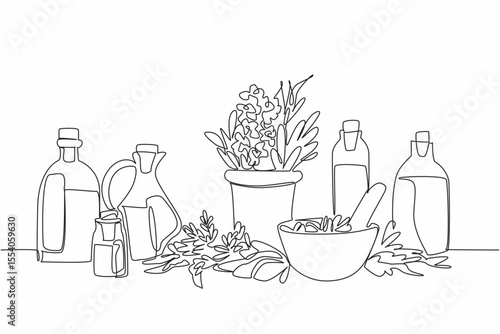 Single continuous line drawing ceramic mortar and pestle bowl containing herbal leaves. Mixing up a efficacious drink. Medicinal drink. Health. National Herb Day. One line design vector illustration