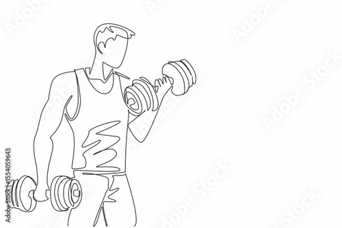 Single one line drawing a man lifting dumbbells in each hand. Build muscle in both arms at once. Appear more confident.  Sporty. National Fitness Day. Continuous line design graphic illustration