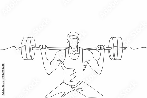 Continuous one line drawing man lifting a barbell on shoulders with both hands. Lifting with the help of muscle mass. The strong one. National Fitness Day. Single line draw design vector illustration