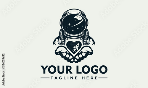 Astronaut logo design featuring a heart holding a rocket, symbolizing space exploration and passion.