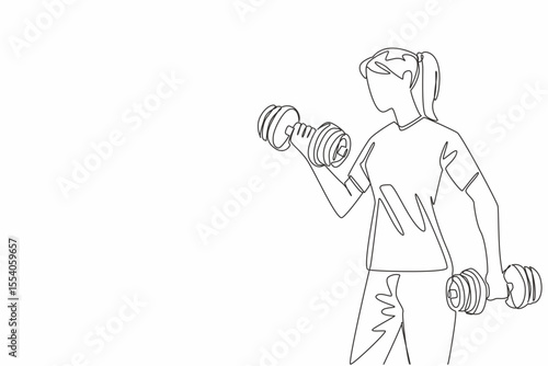 Single continuous line drawing a woman lifting dumbbells in each hand. Exercise to become stronger and healthier. Sweat. Gym. Needs of woman. National Fitness Day. One line design vector illustration