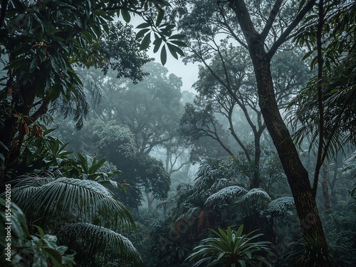Snow-Covered Tropical Rainforest Canopy with Mist and Jungle Leaves