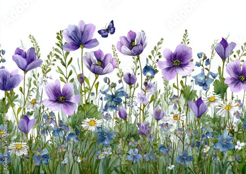 Fototapeta Naklejka Na Ścianę i Meble -  Watercolor floral border, purple flowers, meadow, butterfly
