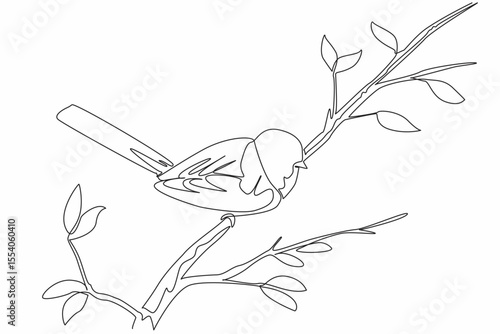 Continuous one line drawing long tailed tit perched on a tree branch. The smallest and cutest bird in Europe. The songbird. International Dawn Chorus Day. Single line draw design vector illustration