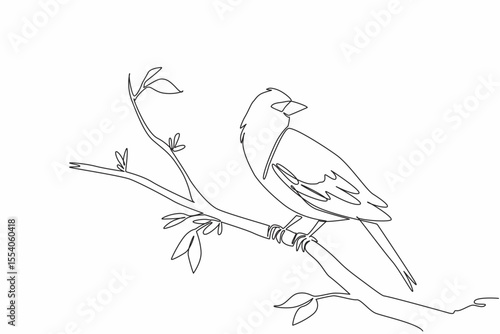 Single one line drawing yellow headed blackbird perched on a tree branch with leaves. Beautiful morning. Little bird songs. International Dawn Chorus Day. Continuous line design graphic illustration