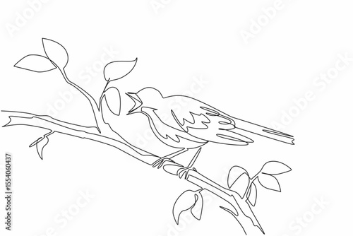Continuous one line drawing song thrush perched on a tree branch with leaves. The morning sun warms. The melodious chirping. International Dawn Chorus Day. Single line draw design vector illustration