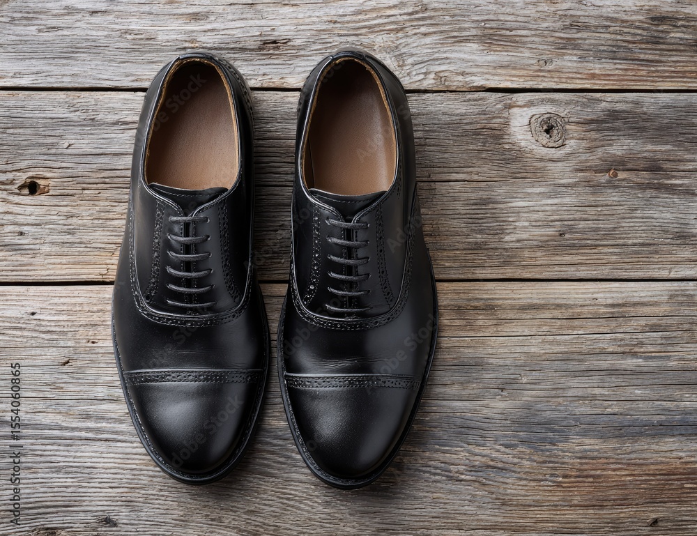 Black leather dress shoes on weathered wood Black leather dress shoes on weathered wood