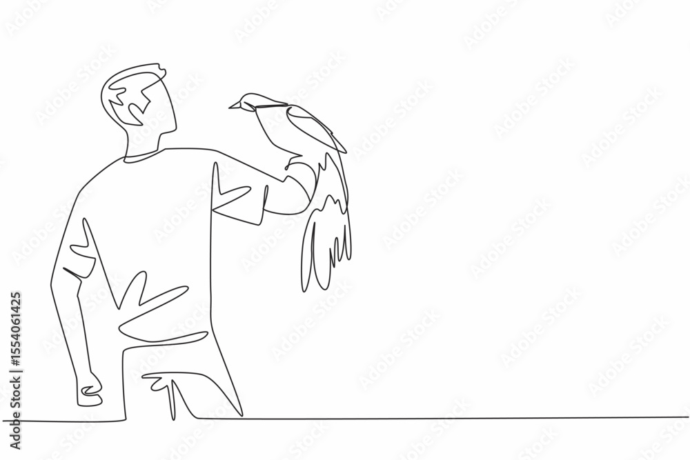 Obraz premium Single continuous line drawing bird of paradise perched on hand of man. Admiring the beauty of its feathers up close. Fascinated. Eye catching. Man Holding Bird. One line design vector illustration