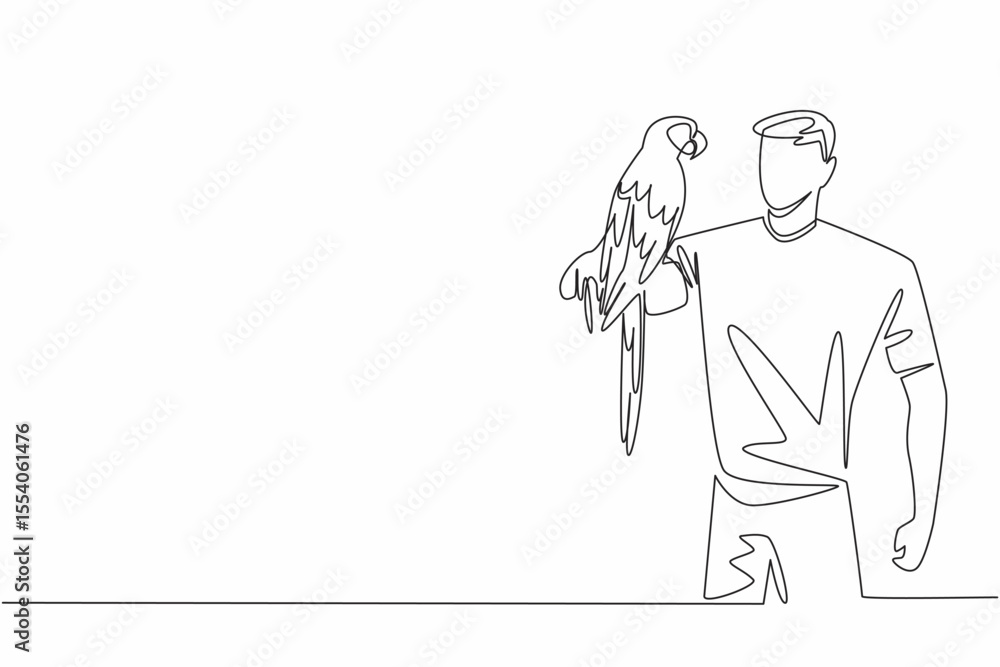 Obraz premium Continuous one line drawing scarlet macaw parrot perched on hand of man. An intelligent bird with lots of energy and character. Pet birds. Man Holding Bird. Single line draw design vector illustration