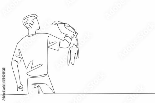 Single continuous line drawing bird of paradise perched on hand of man. Admiring the beauty of its feathers up close. Fascinated. Eye catching. Man Holding Bird. One line design vector illustration