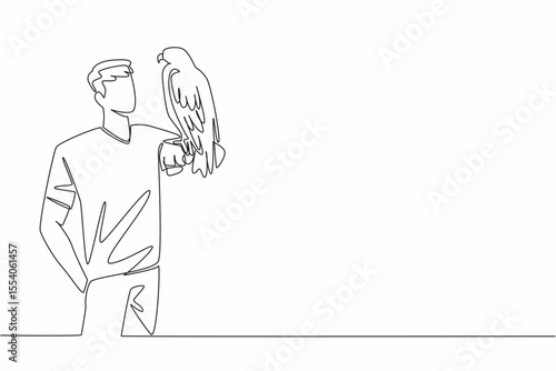 Continuous one line drawing black chested buzzard eagle perched on hand of man. Its natural habitat is in the open areas of South America. Man Holding Bird. Single line draw design vector illustration