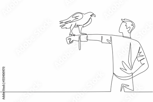 Single continuous line drawing sea ​​eagle perched on hand of man. The most powerful bird of prey in the world. The carnivorous animal. Claws. Man Holding Bird. One line design vector illustration
