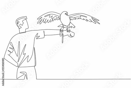 Single one line drawing peregrine falcon perched on hand of man. Predator with yellow beak and short tail. Eating other bird. Strong claw. Man Holding Bird. Continuous line design graphic illustration