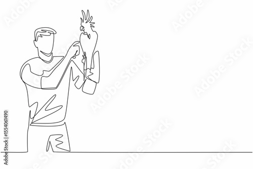 Single one line drawing cockatoo bird perched on hand of man. A bird with quite good intelligence that has beautiful feathers. Pet birds. Man Holding Bird. Continuous line design graphic illustration