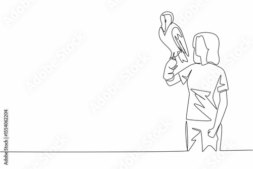 Continuous one line drawing snowy owl perched on hand of woman. The males of species almost entirely white, while females are not so. Woman Holding Bird. Single line draw design vector illustration