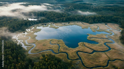 Aerial View Of A Serene Lake Surrounded By Green Forest And Misty Clouds Natural Landscape