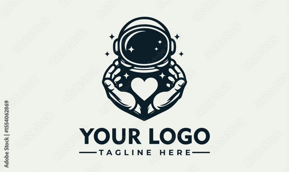 Obraz premium An astronaut holding a heart shape with both hands, stars in the background, logo template.