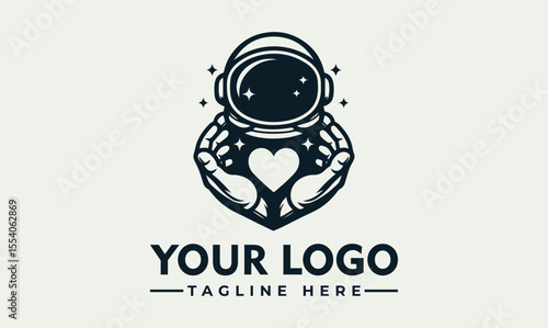 An astronaut holding a heart shape with both hands, stars in the background, logo template.