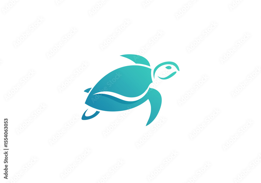 Fototapeta premium A stylized teal sea turtle swimming on a white background with a minimalist design element present