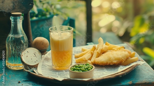 Vintage styled fish and chips served with juice and various sides on wooden surface