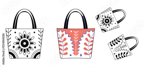 Artistic illustration featuring two decorative tote bags and two mugs with floral and botanical patterns in a clean design