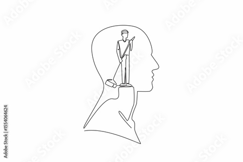 Single one line drawing the head of a man in the middle of his head is a man sweeping. Clearing the mind of unnecessary things. Inside the Head of Man. Continuous line design graphic illustration