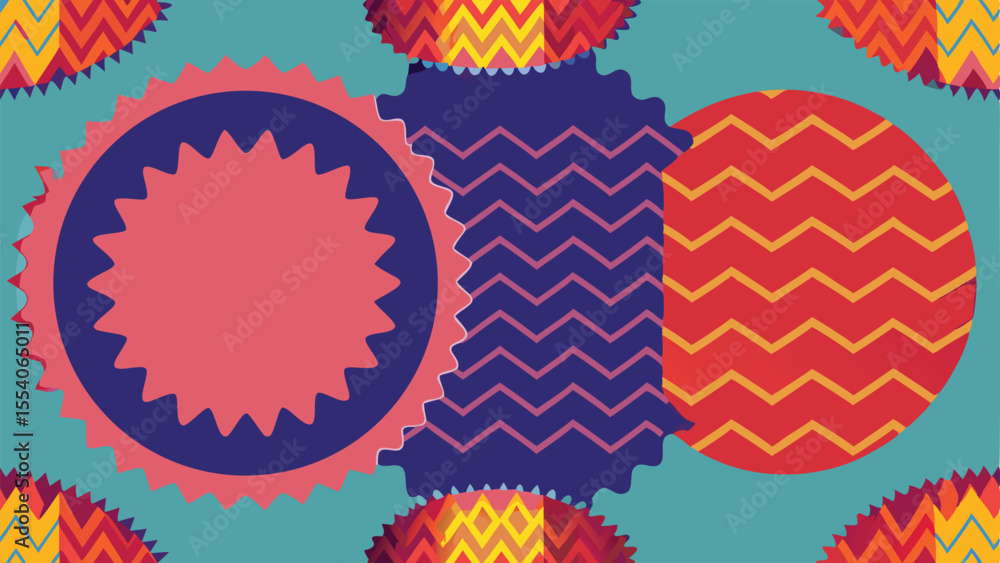 Fototapeta premium Abstract geometric shapes with zigzag patterns in coral blue yellow vector