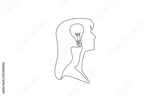 Single continuous line drawing the head of a young woman has a lightbulb in the middle of her head. Get inspiration to apply immediately. Inside the Head of Woman. One line design vector illustration