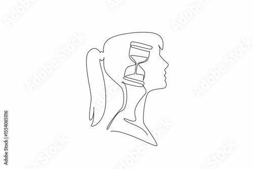 Single one line drawing the head of a woman with an hourglass in the middle of her head. Considering the love proposal that came. Inside the Head of Woman. Continuous line design graphic illustration