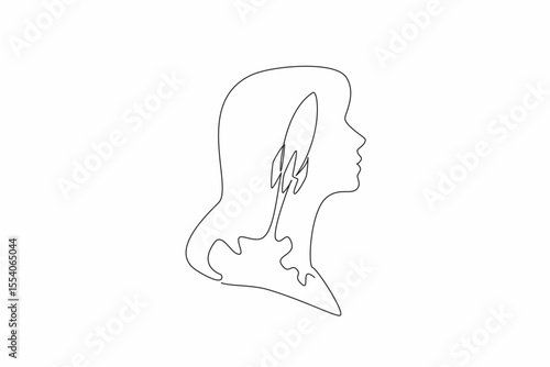 Continuous one line drawing head of woman with rocket in middle of head with cloud of smoke. Preference for advanced technology. Inside the Head of Woman. Single line draw design vector illustration
