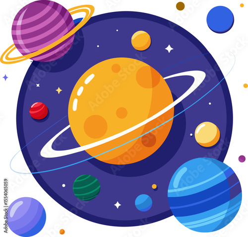 Dynamic flat solar system illustration for a space exhibit with white background.