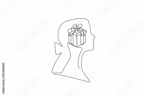 Single one line drawing head of woman with gift box in the middle of her head. Expect the most beautiful gift from the loved one. Inside the Head of Woman. Continuous line design graphic illustration