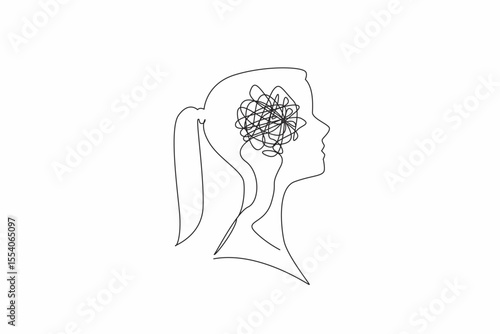 Single one line drawing the head of woman with a tangled wire in the middle of her head. Stress. Tired. Too many problems. Chaos. Inside the Head of Woman. Continuous line design graphic illustration