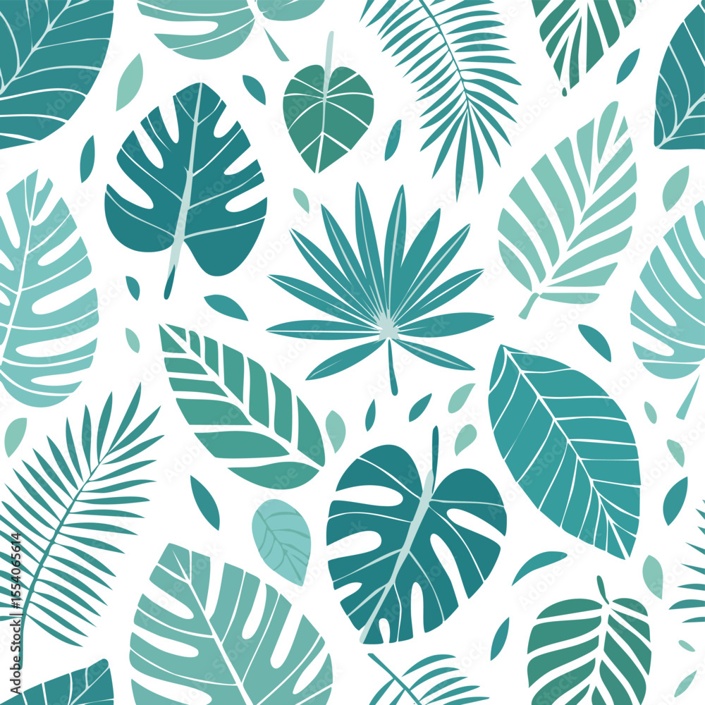 Fototapeta premium Teal and green tropical leaves seamless pattern on white background foliage botanical