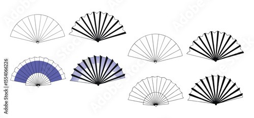Elegant stylized line art illustration of traditional hand fans in diverse styles for design projects