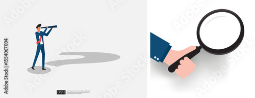 Businessman in Suit Using a Telescope to Explore Future Opportunities and Strategic Vision in an Abstract Landscape. Businessman character vector illustration