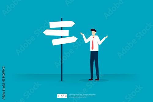 Businessman Standing in Front of Directional Signpost Representing Choices and Decisions in Professional Context. Businessman character vector illustration